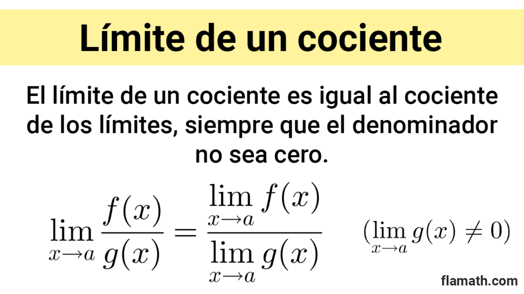 Regla del límite de un cociente de funciones Propiedad del límite de un cociente o división de funciones es igual al cociente de los límites