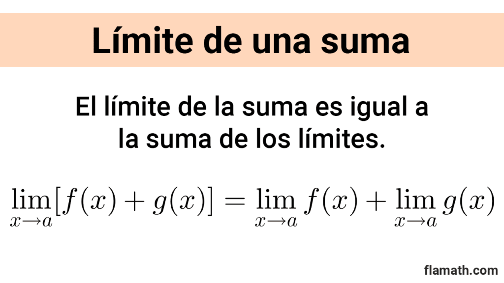 Regla del límite de una suma de funciones Propiedad del límite de una suma o adición de funciones es igual a la suma de los límites